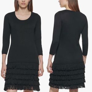 New Calvin Klein Black Fringe Long Sleeve Knit Flapper/Party Dress Size Small